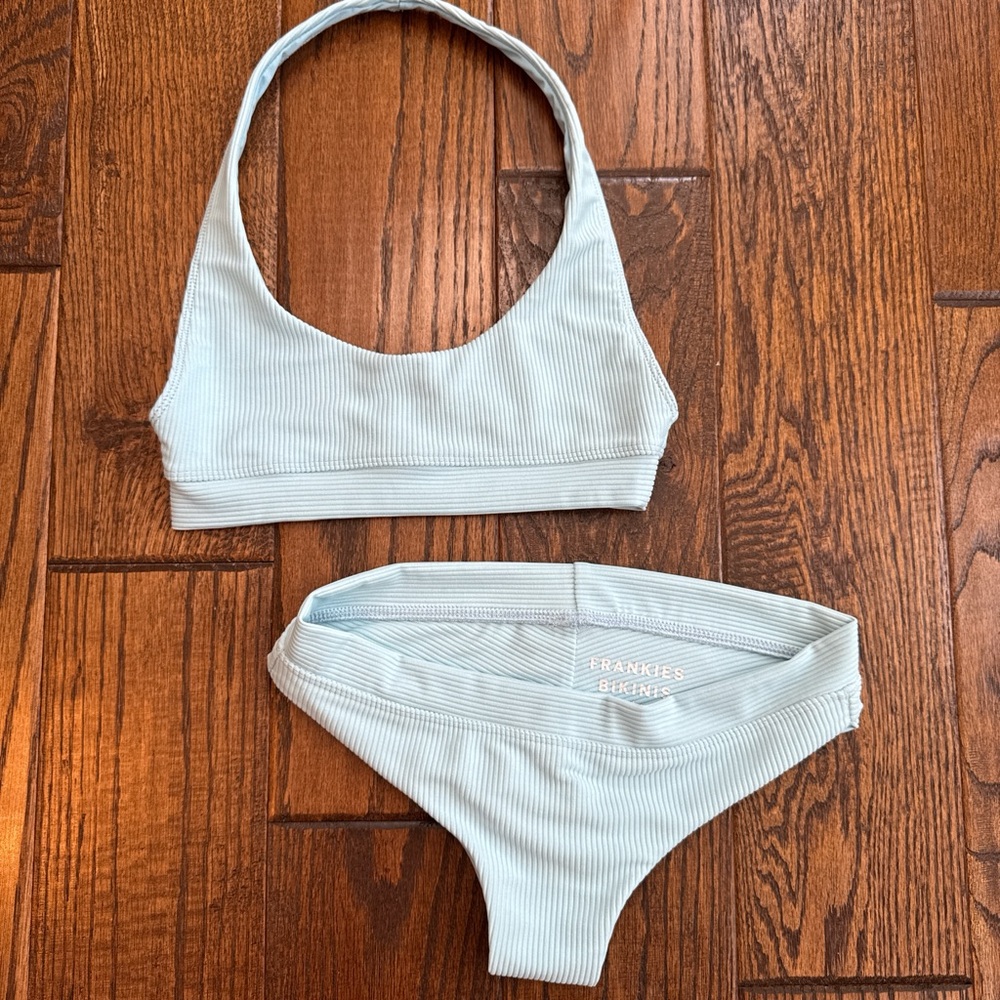 Frankie's Bikinis Light Blue Ribbed Halter Bikini Set- size xs/s